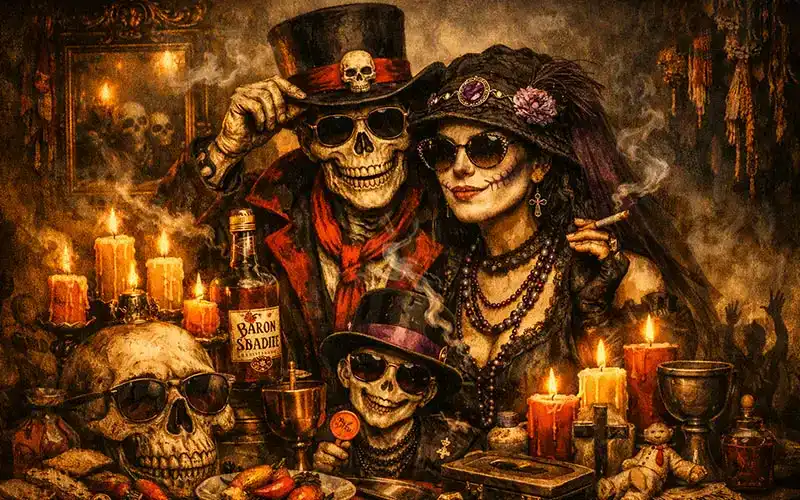 Baron Samedi: esqueleto de cartola e óculos escuros ao lado de uma mulher de chapéu, entre velas e garrafas