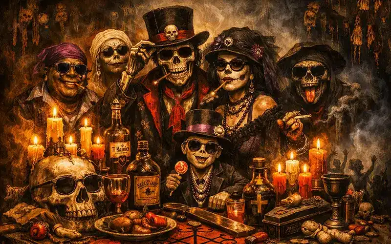 Família Guedê: esqueletos de cartola e óculos escuros ao redor de um altar com velas e garrafas