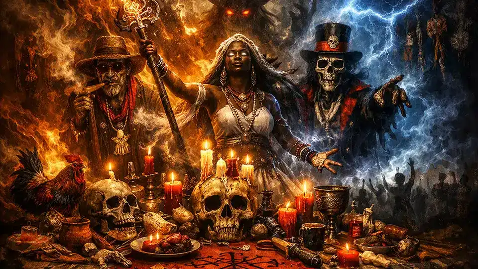 Figuras espirituais entre fogo e relâmpagos diante de um altar com velas, crânios e um galo
